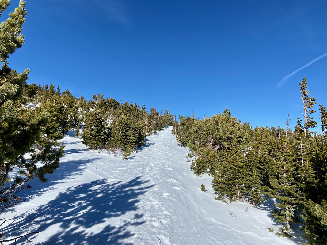 Image of the snow packed trail up to Flat Top Mountain In RMNP Estes Park Colorado