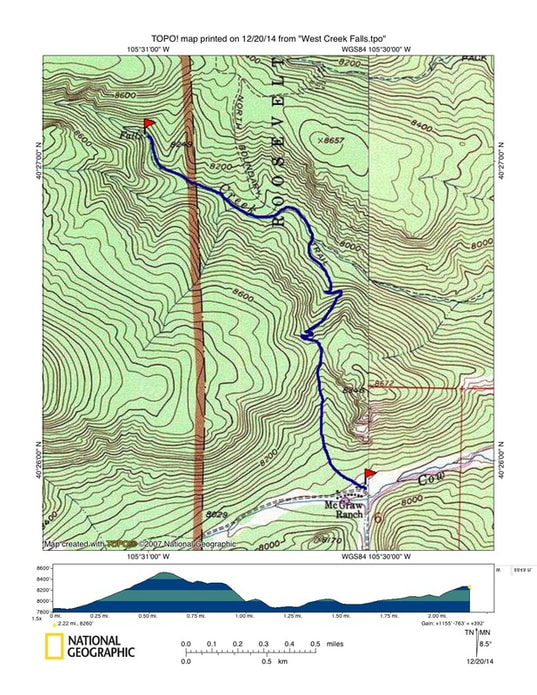 Map, West Creek Falls Trail, Rocky Mountain National Park