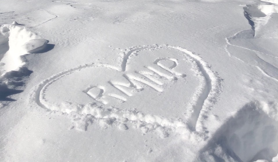 Image of a drawn I love RMNP heart in snow 