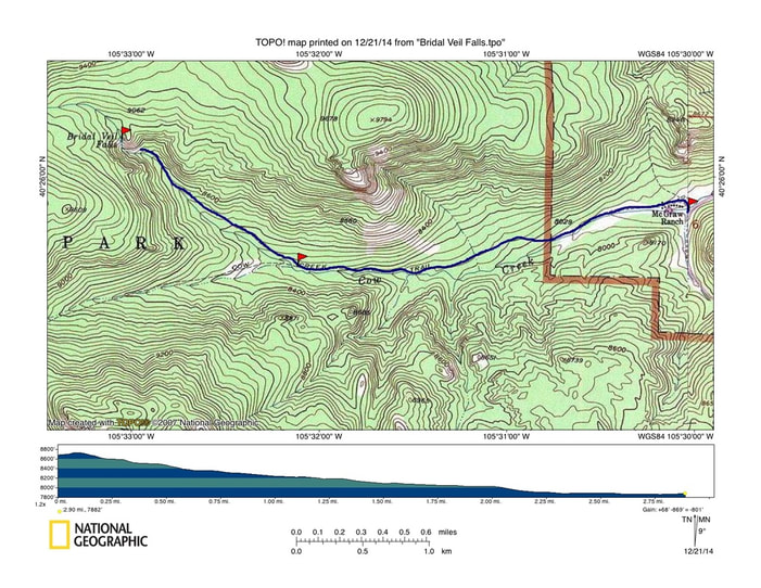 Map, Bridal Veil Falls Trail, Rocky Mountain National Park