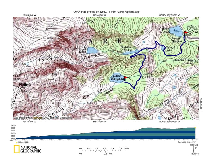 Map, Lake Haiyaha Trail, Rocky Mountain National Park