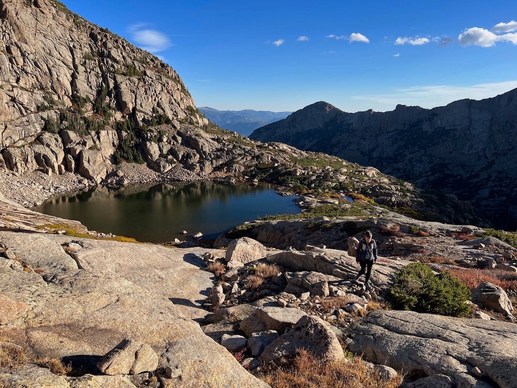 Picture of a hiker at Shelf Lake in Rocky Mountain National Park